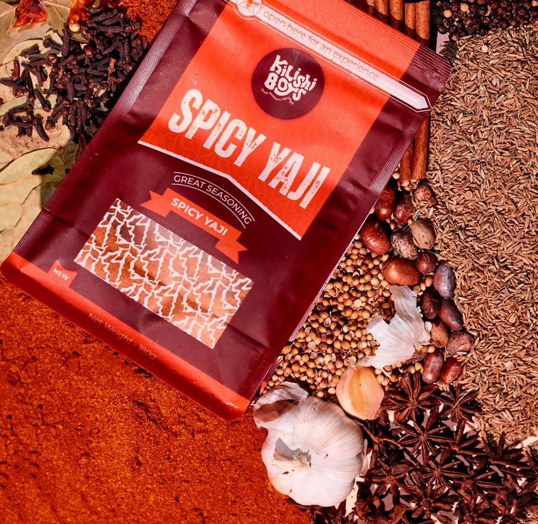 Kilishi Boys Spicy Yaji seasoning on a bed of spices